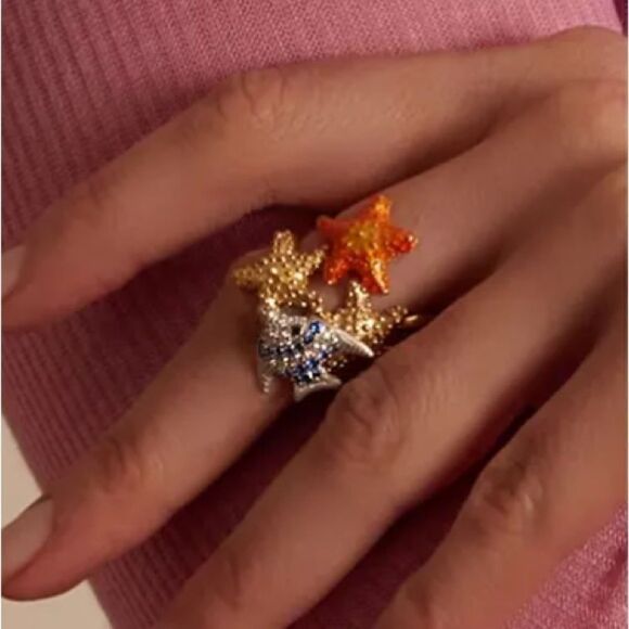Misis Isla de Mujeres Fish & Starfish Rhinestone Gold Ring. Adjustable. NWT - Picture 3 of 8